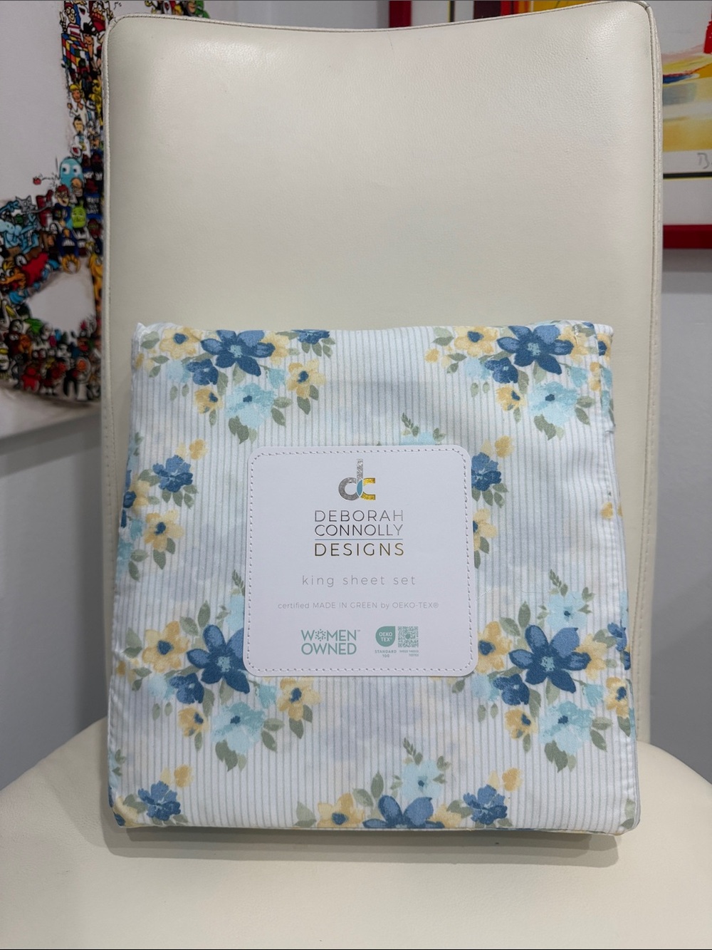 Deborah Connolly White/Blue/Yellow Floral Stripe King Sheet Set